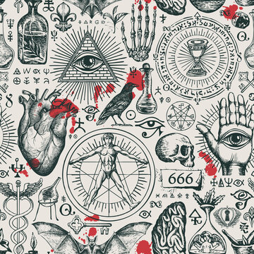 Abstract hand-drawn seamless pattern on a theme of occultism, satanism and witchcraft in vintage style. Repeating vector background with ominous sketches and blood drops on the old paper backdrop