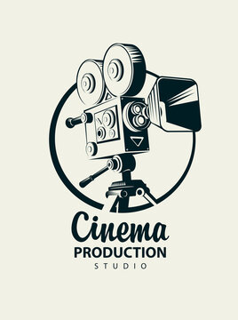 Vector icon or logo for Cinema production studio with old-fashioned movie projector or video camera and the inscription. Suitable for advertising banner, poster, sticker, flyer, ticket, web design