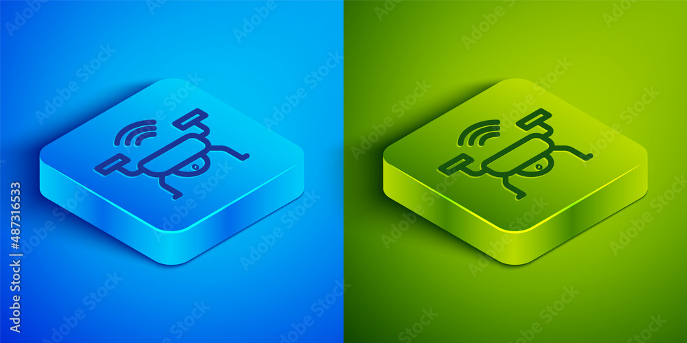 Sticker Isometric line Smart drone system icon isolated on blue and green background. Quadrocopter with video and photo camera symbol. Square button. Vector