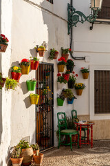 Fototapeta na wymiar Beautiful streets of Nerja city - Malaga - Spain. Typically Andalusian village with white houses and small streets. Touristic travel destination ln Costa del Sol. Flower pot on the wall. Winter time