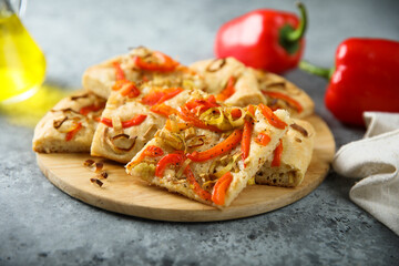Traditional homemade focaccia bread with red pepper