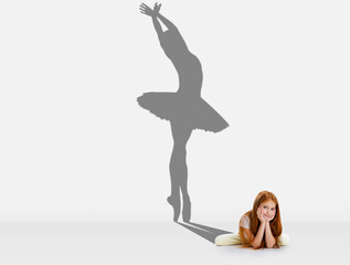 Happy beautiful girl, child dreaming about future of famous ballet dancer