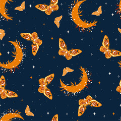 Elegant celestial seamless pattern with butterflies. Design for card, fabric, print, greeting, cloth, poster, clothes, textile.