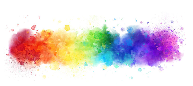 Rainbow watercolor banner background on white. Pure vibrant watercolor colors. Creative paint gradients, splashes and stains. Abstract