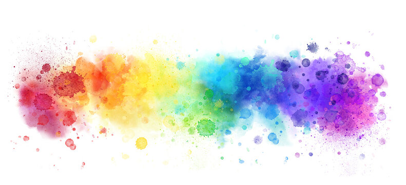 Happy Rainbow watercolor banner background on white. Pure vibrant watercolor colors. Creative paint gradients, splashes and stains.