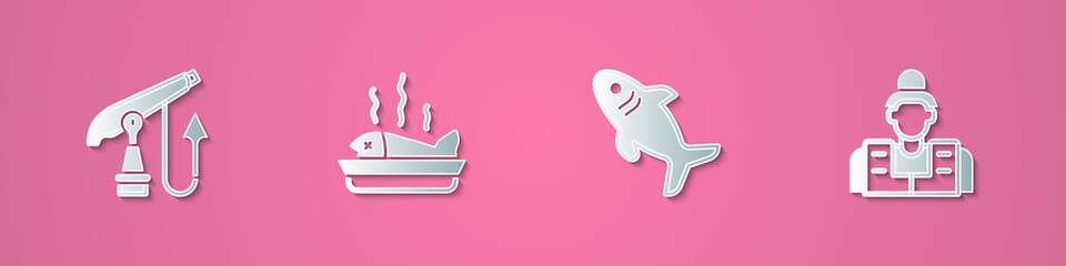 Set paper cut Fishing harpoon, Served fish plate, Shark and Fisherman icon. Paper art style. Vector
