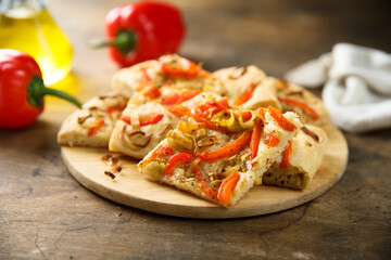 Traditional homemade focaccia bread with red pepper