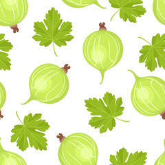 Gooseberry vector seamless pattern. Flat illustration with berries fruits and green leaves. Food background.