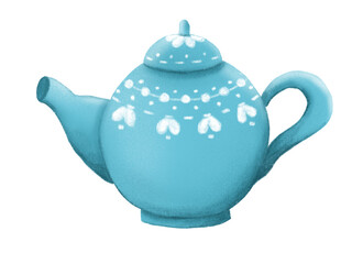 Big blue teapot with white pattern. White background, isolated