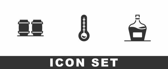 Set Wooden barrel for wine, Meteorology thermometer and Old bottle of icon. Vector