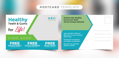 Dental care postcard template design. Medical, hospital, dentist, clinical postcard template