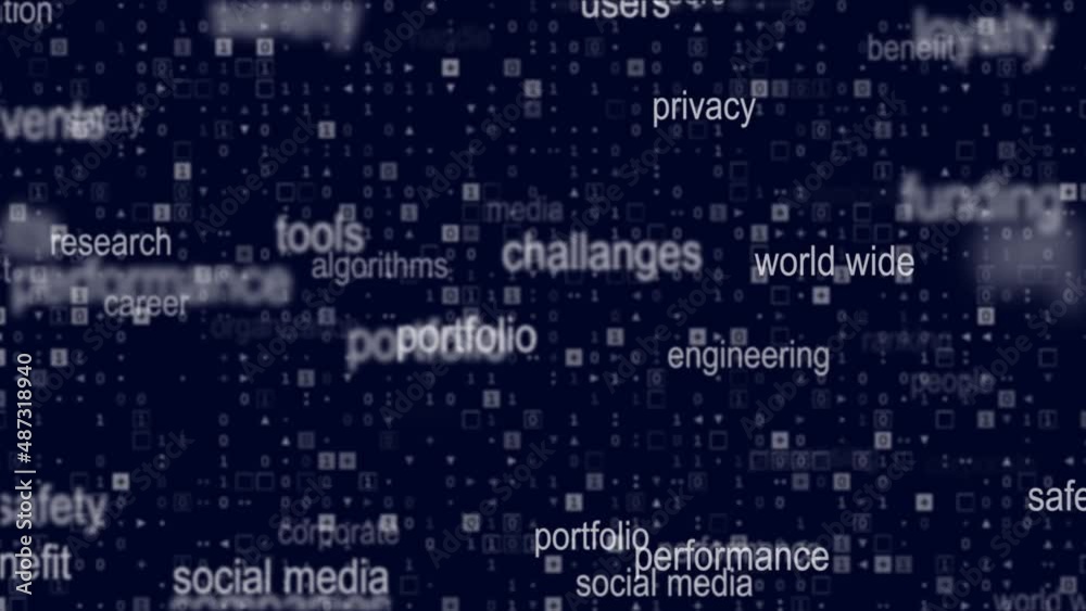 Poster information technology and business tag cloud animation repeat in perfect loop with focus depth of f