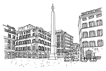 vector sketch of  Piazza di Monte Citorio, Rome, Italy.