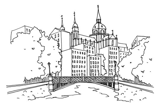 black and white city bridge sketch clip art preview