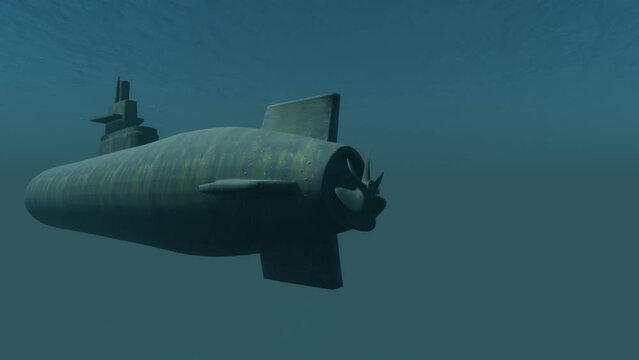 A close-up view of an unmarked military submarine in murky waters - loopable.