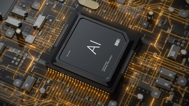 Advanced CPU computer circuit, data impulses, signals goes through microchip, powerful processor. Motherboard, microprocessor. Artificial intelligence technology, neural networking connections concept