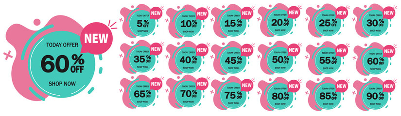 Discounts from five to ninety percent, sale percent labels, discount promotional flat icon. Vector illustration for advertising poster and promotion. Panorama with sales special offers.