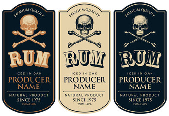 Set of three vector labels for rum in a figured frames with human skulls and crossbones in retro style. Pirates collection of strong alcoholic beverages premium quality, iced in oak