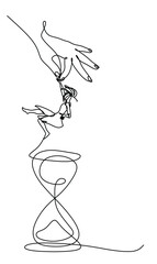continuous drawing the hand releases the female silhouette in the hourglass. The concept of the psychology of time.