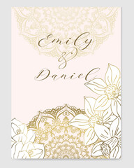 Golden outline of spring flowers and mandala on a light background for wedding invitation templates.