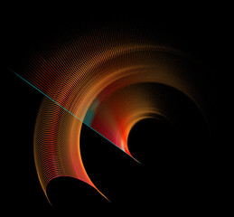 Orange straight and arcuate striped elements rotate on a black background.  Icon, logo, sign, symbol. Graphic design element. 3d rendering. 3d illustration.