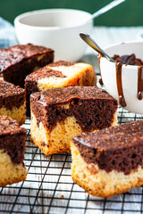 Chocolate marble cake square pieces. Serwing sweet dessert