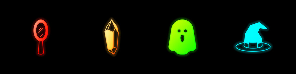 Set Magic hand mirror, stone, Ghost and Witch hat icon. Vector