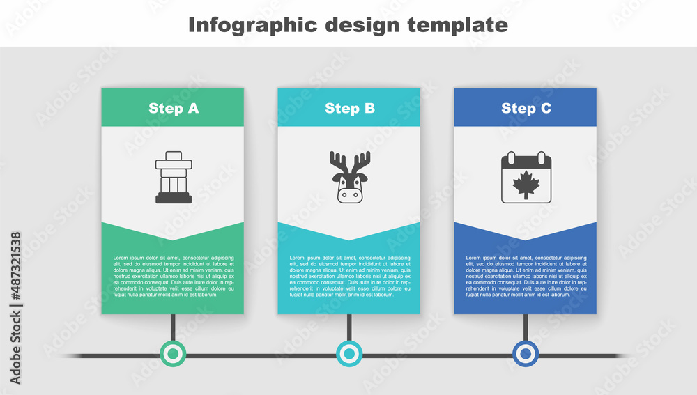 Sticker Set Inukshuk, Deer head with antlers and Canada day maple leaf. Business infographic template. Vector