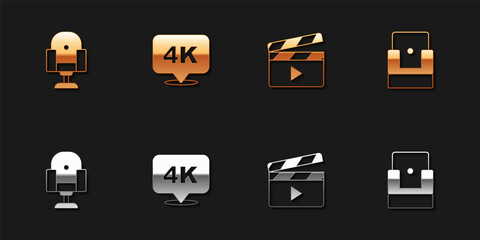 Set Director movie chair, 4k Ultra HD, Movie clapper and Cinema icon. Vector