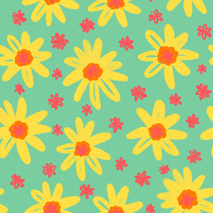 Creative universal artistic background in doodle style. Pattern of flowers and leaves. Hand drawn textures. Trendy graphic design for banner, poster, card, cover, invitation, placard, brochure.