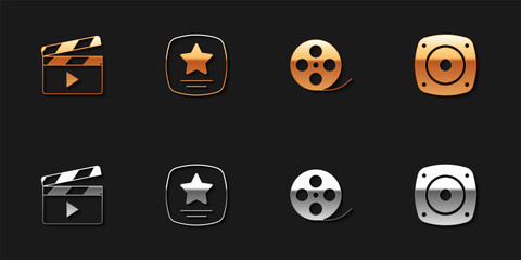 Set Movie clapper, Walk of fame star, Film reel and Stereo speaker icon. Vector