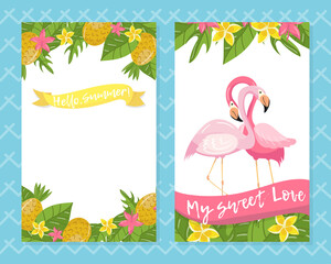 Hello summer card templates set. My sweet love banner with couple of flamingos and green tropical leaves vector illustration
