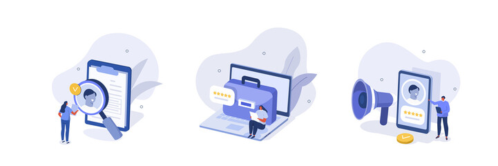 Job hiring illustration set. Hr managers searching potential job candidates and analyzing CV. Character applying for work position. Recruitment process concept. Vector illustration.
