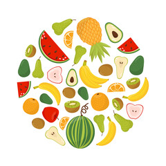 Fresh fruits in shape of circle. Ripe organic farm products banner, poster, card, template design vector illustration