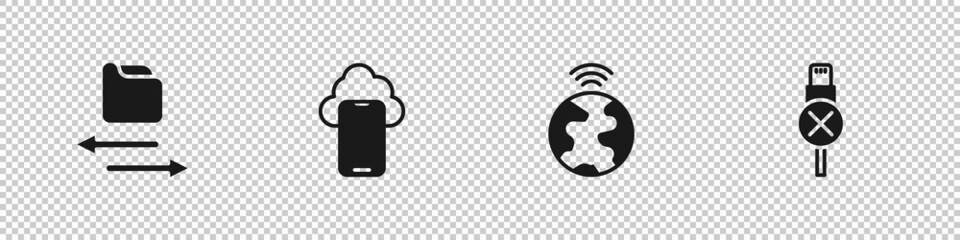 Set Transfer files, Cloud technology data, Global and No usb cable cord icon. Vector