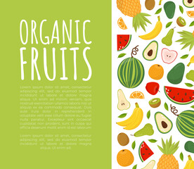 Organic fruits banner template with fresh ripe organic fruit and space for text vector illustration