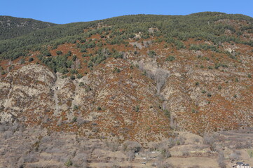 Colourful slopes of Pyrenees mountain range on a sunny day in Encamp, Andorra, Europe