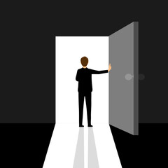 Businessman opening door in flat design.door open for future opportunity.