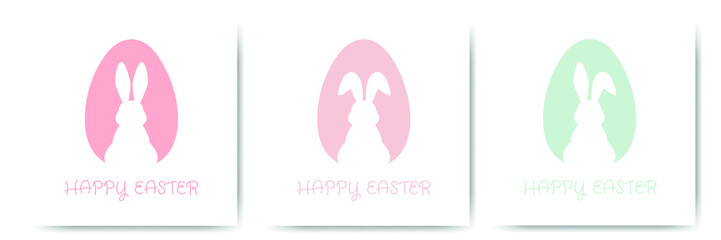 Set Happy Easter card with egg and bunny silhouette in pastel colors. Cute greeting card or poster. Vector illustration in a flat minimalist style.