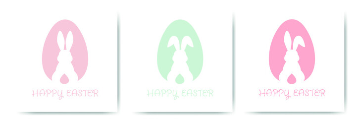 Set Happy Easter card with egg and bunny silhouette in pastel colors. Cute greeting card or poster. Vector illustration in a flat minimalist style.