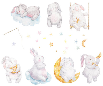 set of cute rabbits and bannies in sky with stars watercolor illustration