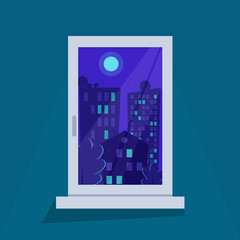 Flat illustration of room window. View from the window on the night city. Urban landscape. Conceptual view of city buildings.