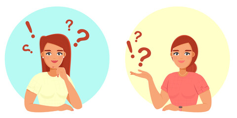 Man's reflections. Vector image of a young thinking woman who has to make a decision. A person who doubts his choice. Problem solving concept. Flat illustration.