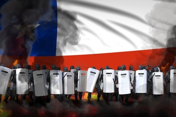 Chile police guards in heavy smoke and fire protecting peaceful people against demonstration - protest stopping concept, military 3D Illustration on flag background