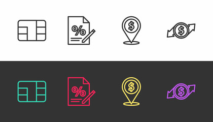 Set line Credit card with chip, Finance document, Cash location and Financial growth and dollar on black and white. Vector