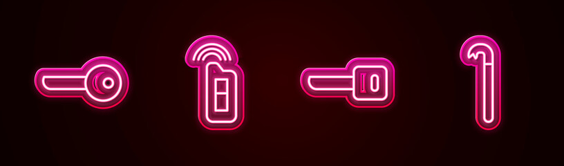 Set line Key, Car key with remote, and Crowbar. Glowing neon icon. Vector