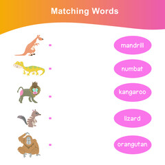 Matching words game animals’ edition. Matching words game for kids. Educational printable game cards. Animals collections. Preschool Education. Vector illustration.