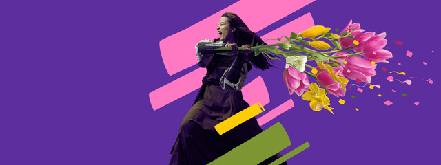 Contemporary art collage. Idea, inspiration, aspiration and creativity. Brutal medieval knight with flowers on bright neon background. Concept of comparison of eras, women's day