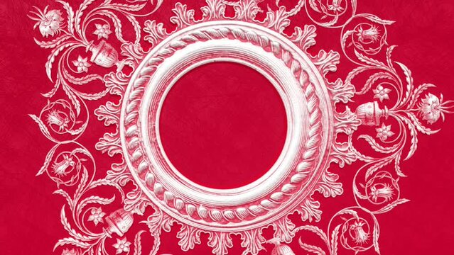 Decorative vintage antique floral baroque ornament, renaissance retro victorian elegant mandala, royal damask background, red round lace china frame as circle, abstract wedding paper illustration