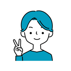 ピースをして喜ぶ笑顔の男性のシンプルなイラストアイコン